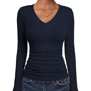 image:imageANRABESS Womens Long Sleeve Shirts V Neck Ribbed TopNavy Blue