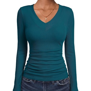 image:imageANRABESS Womens Long Sleeve Shirts V Neck Ribbed TopTeal
