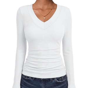 image:imageANRABESS Womens Long Sleeve Shirts V Neck Ribbed TopWhite