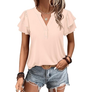 image:imageANRABESS Womens Tops Dressy Casual Blouse Flutter Short Sleeve ShirtsBeige
