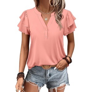 image:imageANRABESS Womens Tops Dressy Casual Blouse Flutter Short Sleeve ShirtsCoral
