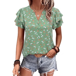 image:imageANRABESS Womens Tops Dressy Casual Blouse Flutter Short Sleeve ShirtsGreen Floral Print
