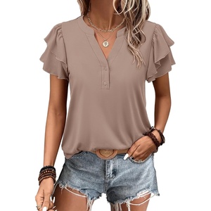 image:imageANRABESS Womens Tops Dressy Casual Blouse Flutter Short Sleeve ShirtsKhaki