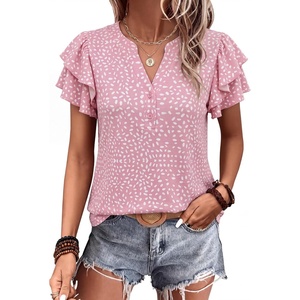 image:imageANRABESS Womens Tops Dressy Casual Blouse Flutter Short Sleeve ShirtsPink White Dot