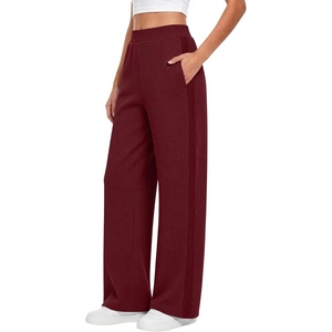 image:imageANRABESS Womens Waffle Knit Wide Leg Lounge PantsWine Red