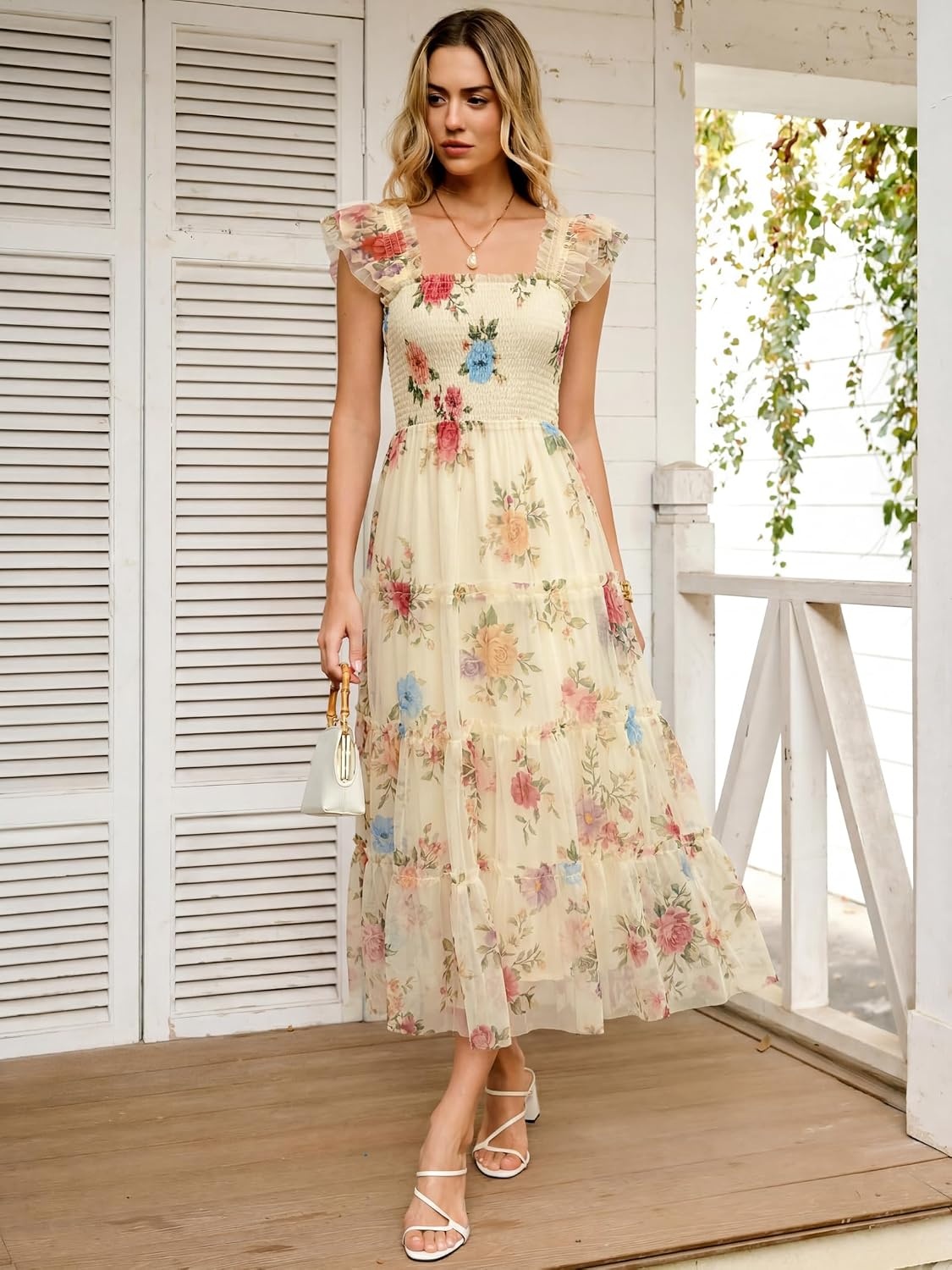 image:imageANRABESS Floral Wedding Guest Dresses for Women Smocked Tulle Midi DressMulticolored Rose Apricot