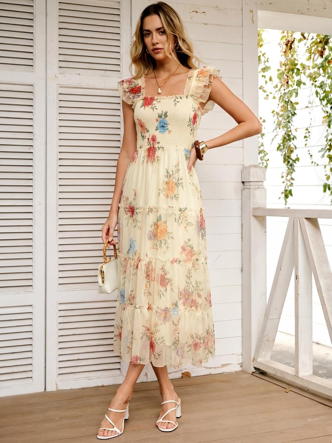 image:imageANRABESS Floral Wedding Guest Dresses for Women Smocked Tulle Midi DressMulticolored Rose Apricot