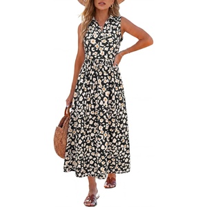 image:imageANRABESS Women Casual Maxi Dress Sleeveless V Neck Summer Beach SundressFloral White Orange