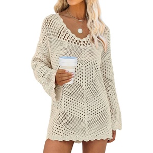 image:imageANRABESS Women Swimsuit Cover Up Crochet Bathing Suit Beach Swim Mini DressBeige