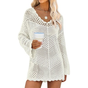 image:imageANRABESS Women Swimsuit Cover Up Crochet Bathing Suit Beach Swim Mini DressCream White