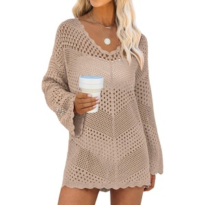 image:imageANRABESS Women Swimsuit Cover Up Crochet Bathing Suit Beach Swim Mini DressKhaki