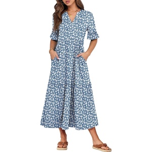 image:imageANRABESS Womens Summer Casual Maxi Dresses Ruffle Short Sleeve DressBlue White Floral