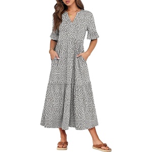 image:imageANRABESS Womens Summer Casual Maxi Dresses Ruffle Short Sleeve DressKhaki Polka Dot