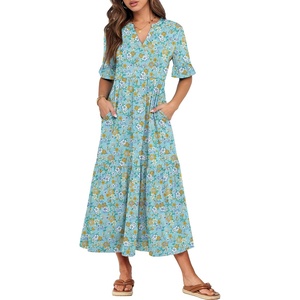 image:imageANRABESS Womens Summer Casual Maxi Dresses Ruffle Short Sleeve DressLight Green Floral