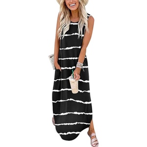image:imageANRABESS Womens Summer Maxi Dress Sleeveless Casual Sundress with PocketsStripe Black White