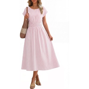 image:imageANRABESS Womens Summer Midi Dress Striped Casual Short Sleeve Crewneck Elastic Waist 2026 Flowy Long Beach Dress with PocketsPink White Stripe