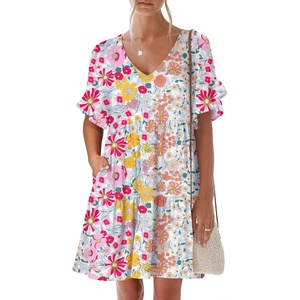 image:imageANRABESS Dresses for Women Summer Casual V Neck Ruffle Sleeve Mini DressMulticolour Floral