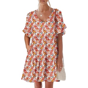 image:imageANRABESS Dresses for Women Summer Casual V Neck Ruffle Sleeve Mini DressOrange Floral