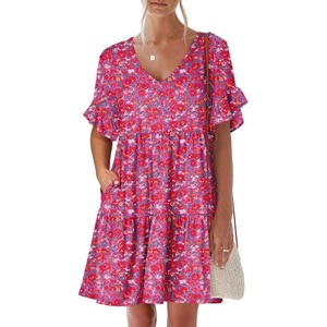 image:imageANRABESS Dresses for Women Summer Casual V Neck Ruffle Sleeve Mini DressRed Floral