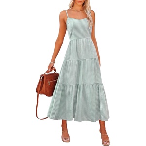 image:imageANRABESS Womens Summer Striped Gingham Midi Dresses Casual Beach SundressGreen White Stripe