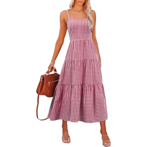 image:imageANRABESS Womens Summer Striped Gingham Midi Dresses Casual Beach SundressRed White Plaid