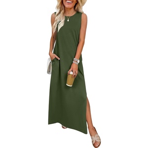 image:imageANRABESS Womens Wrinkle Free Summer Sundress Sleeveless Maxi Dress ampPocketsArmy Green