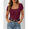 image:imageANRABESS Womens Tops Short Sleeve Basic Tees Square Neck Fitted T ShirtsBurgundy