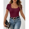 image:imageANRABESS Womens Tops Short Sleeve Basic Tees Square Neck Fitted T ShirtsBurgundy