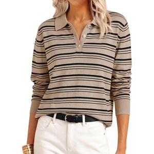 image:imageANRABESS Sweaters for Women Polo Collared Knit Long Sleeve PulloverAlmond Black Stripe