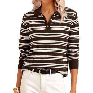 image:imageANRABESS Sweaters for Women Polo Collared Knit Long Sleeve PulloverCoffee White Stripe