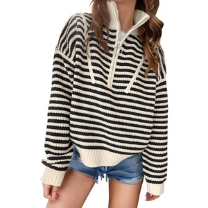 image:imageANRABESS Womens Striped Quarter Zip Fall Sweater TopsStriped Black Beige