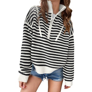 image:imageANRABESS Womens Striped Quarter Zip Fall Sweater TopsStriped Black White
