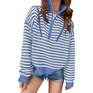 image:imageANRABESS Womens Striped Quarter Zip Fall Sweater TopsStriped Blue White