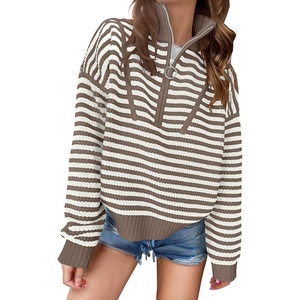 image:imageANRABESS Womens Striped Quarter Zip Fall Sweater TopsStriped White Camel