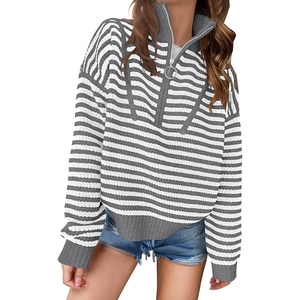 image:imageANRABESS Womens Striped Quarter Zip Fall Sweater TopsStriped White Grey