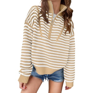 image:imageANRABESS Womens Striped Quarter Zip Fall Sweater TopsStriped White Khaki