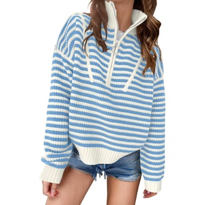 image:imageANRABESS Womens Striped Quarter Zip Fall Sweater TopsStriped White Sky Blue
