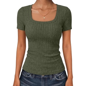 image:imageANRABESS Womens Tops Short Sleeve Basic Tees Square Neck Fitted T ShirtsArmy Green