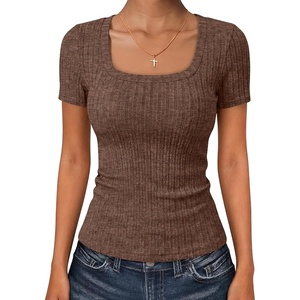 image:imageANRABESS Womens Tops Short Sleeve Basic Tees Square Neck Fitted T ShirtsBrown
