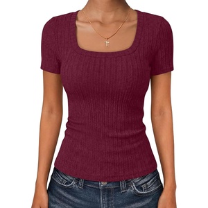 image:imageANRABESS Womens Tops Short Sleeve Basic Tees Square Neck Fitted T ShirtsBurgundy