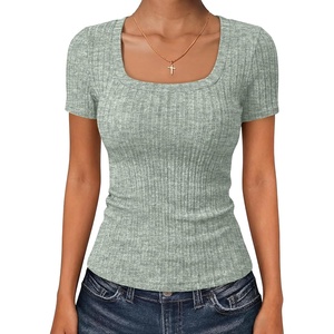 image:imageANRABESS Womens Tops Short Sleeve Basic Tees Square Neck Fitted T ShirtsLight Green