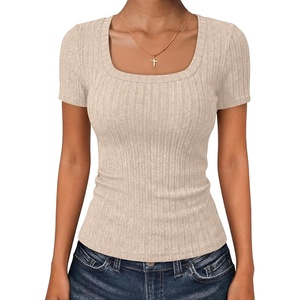 image:imageANRABESS Womens Tops Short Sleeve Basic Tees Square Neck Fitted T ShirtsLight Khaki