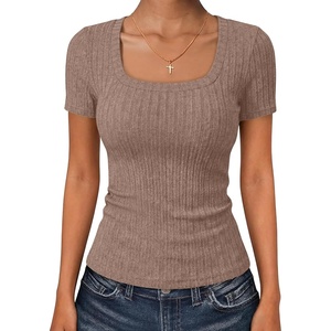 image:imageANRABESS Womens Tops Short Sleeve Basic Tees Square Neck Fitted T ShirtsTan