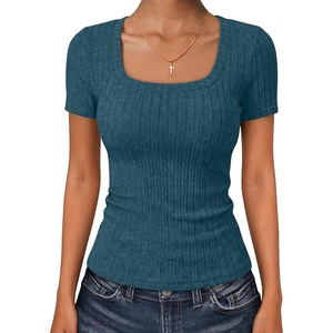 image:imageANRABESS Womens Tops Short Sleeve Basic Tees Square Neck Fitted T ShirtsTeal